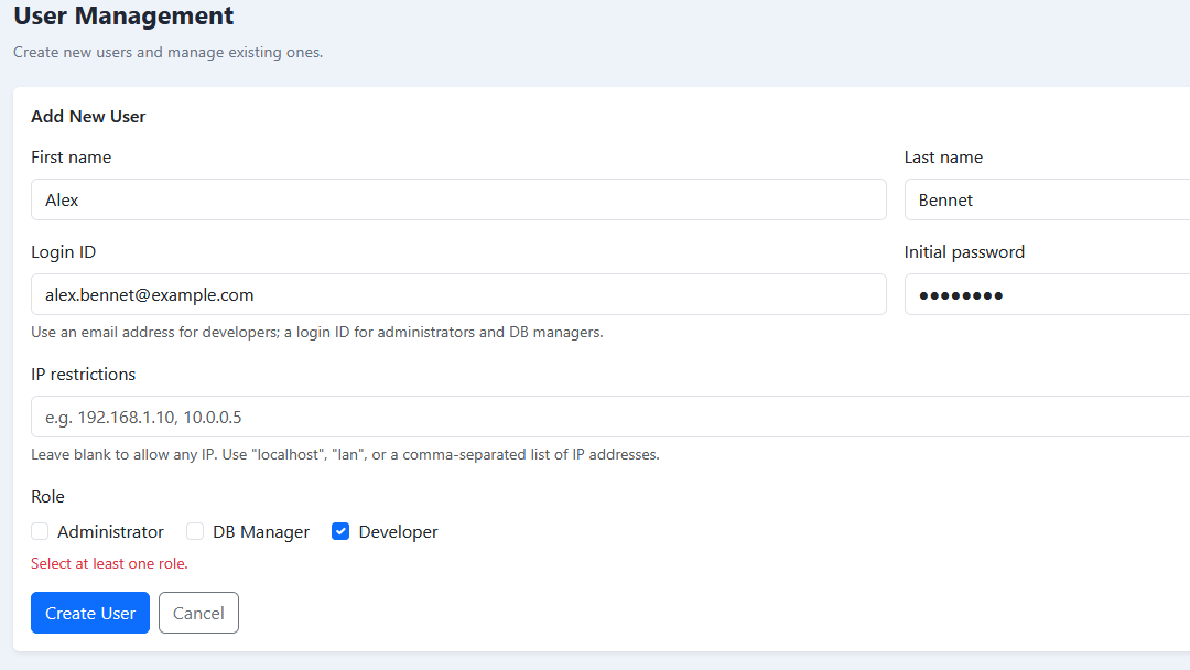 The Add New User form with role checkboxes.