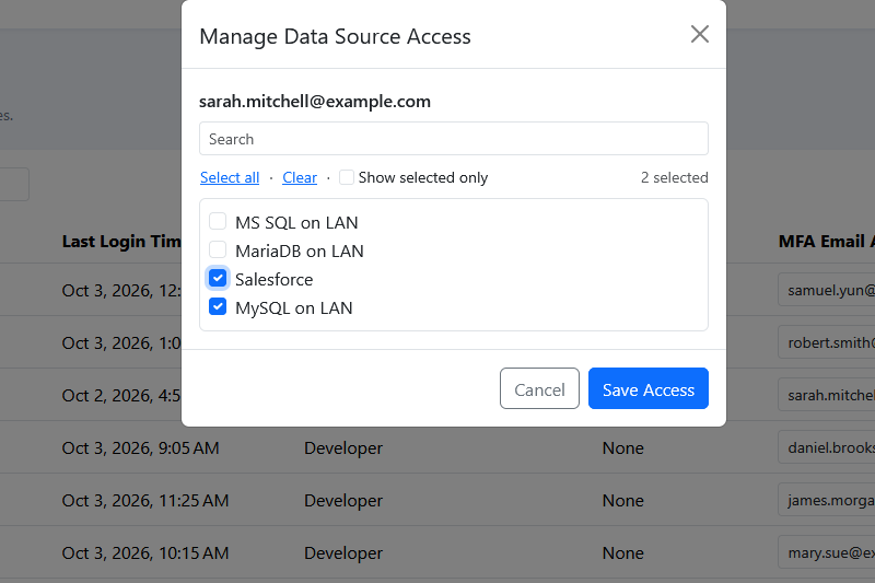 The Manage Data Source Access dialog for a developer.
