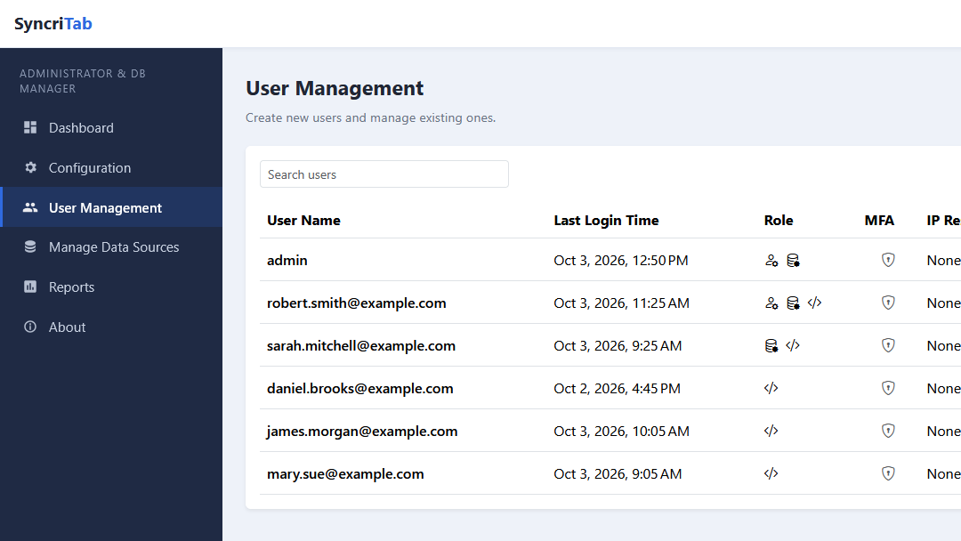 The User Management page listing users and their roles.