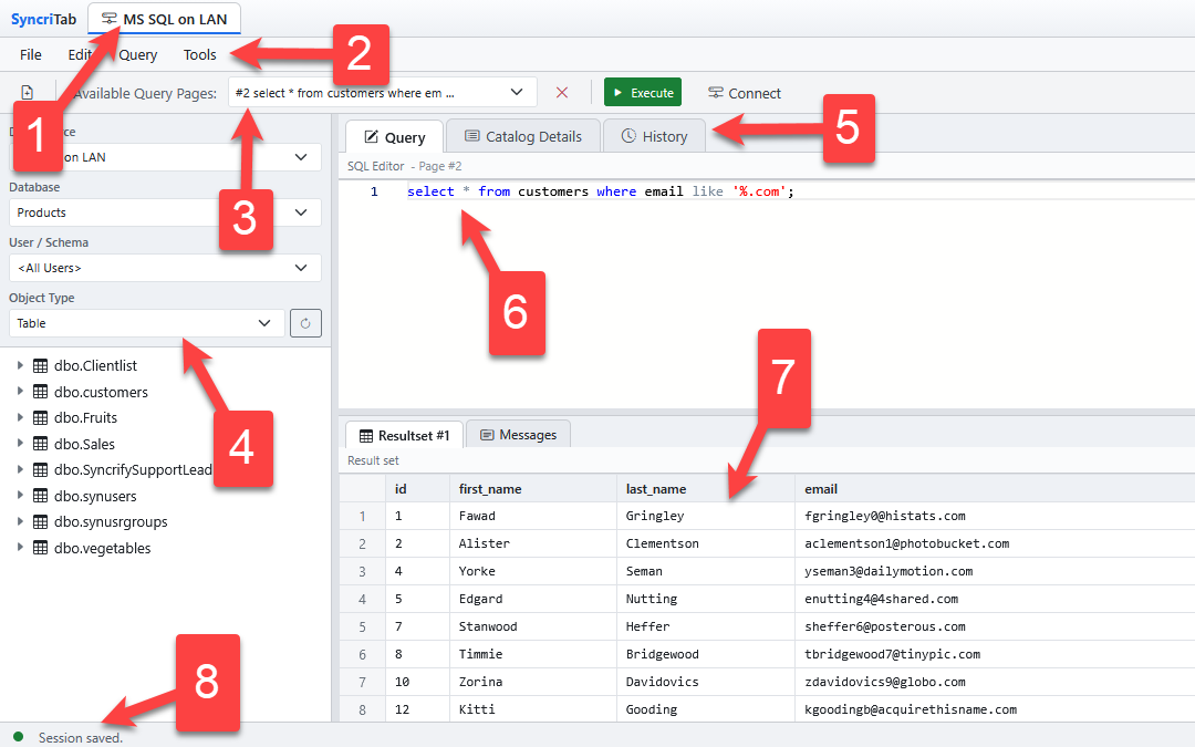 The query workspace with numbered callouts for the app bar, menu bar, toolbar, catalog pane, tabs, SQL editor, results pane, and status bar.