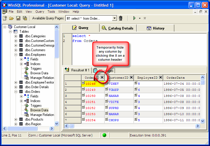 Hide columns by clicking the X icon