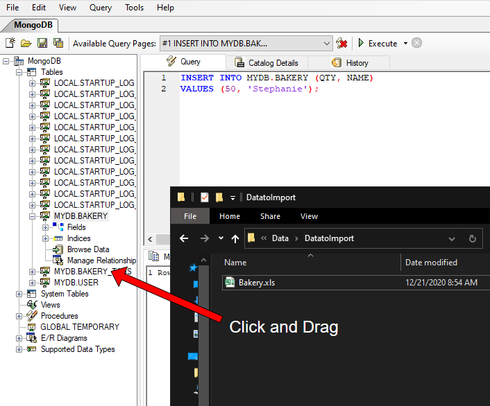 WinSQL MongoDB Excel Drag and Drop