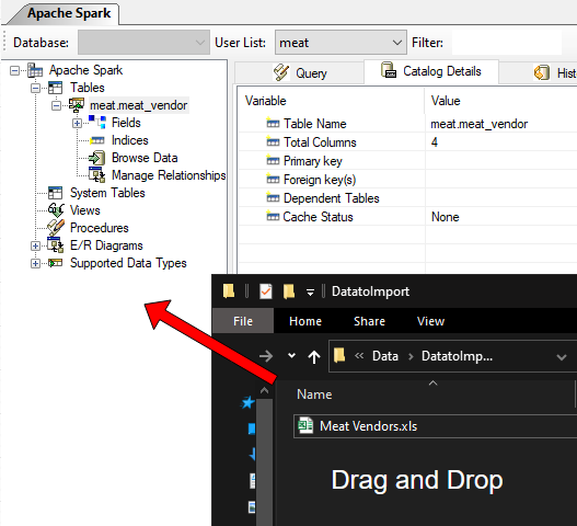 WinSQL Apache Spark Excel Drag and Drop