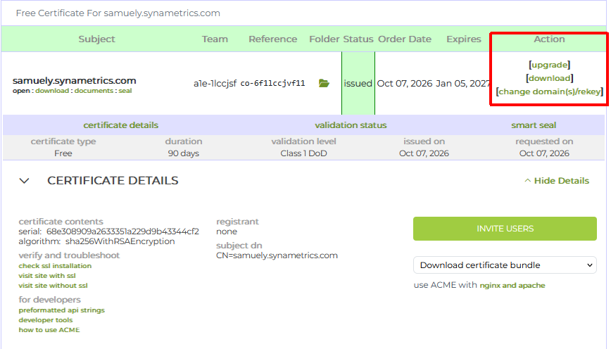 Issued certificate listed in the certificate authority account
