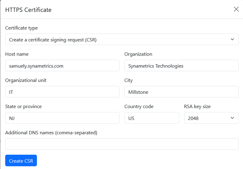 SyncriTab HTTPS Certificate form for creating a CSR