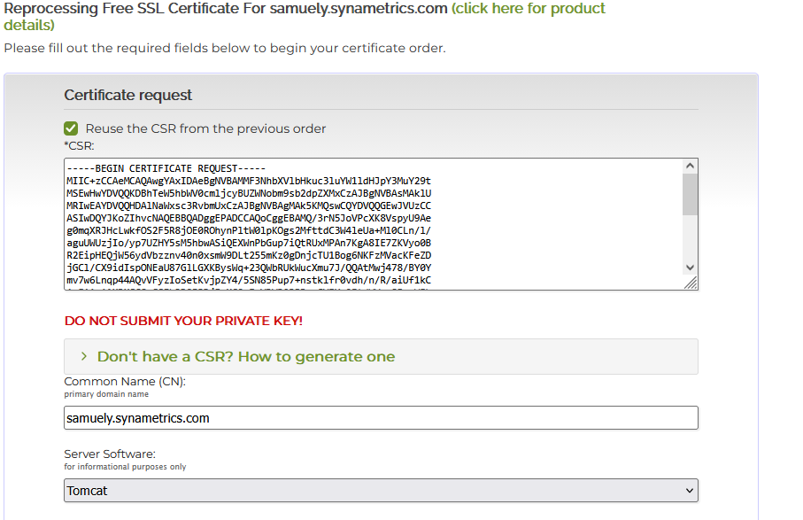 Certificate authority request form with the CSR and Tomcat server software selected