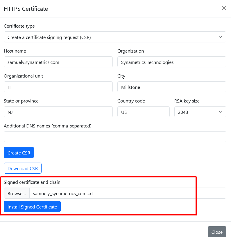SyncriTab form for uploading and installing the signed certificate